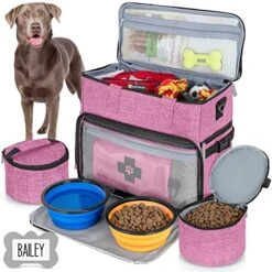 Dog Travel Bag Airline Approved For Dog And Cat Tote Organizer With Multi Function Pockets , 2 Food Containers And Collapsible Bowls , Weekend Away Dog Bag For Travel Accessories (Pink)