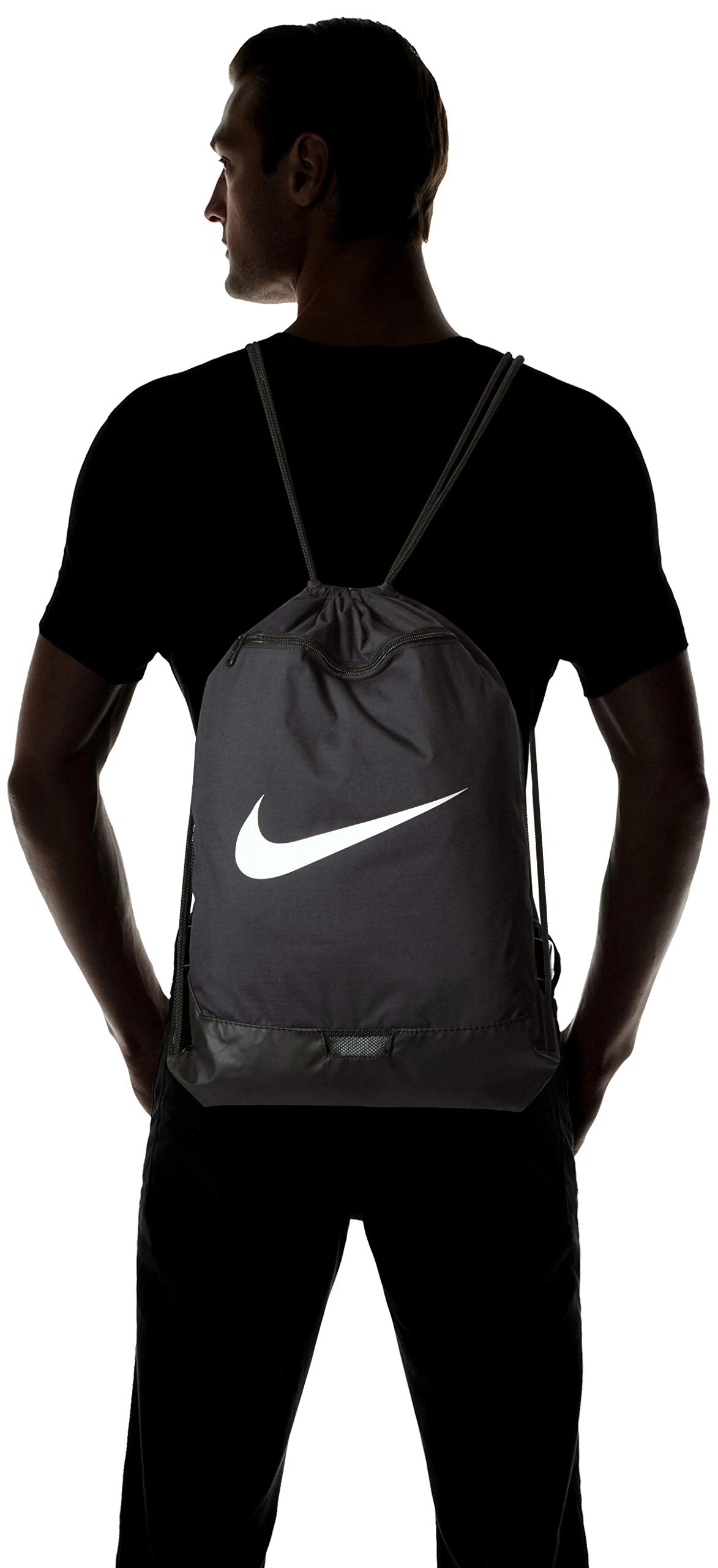Nike Brasilia Training Gymsack, Drawstring Backpack With Zipper Pocket And Reinforced Bottom, Black/Black/White 2 Nike Brasilia Training Gymsack, Drawstring Backpack With Zipper Pocket And Reinforced Bottom, Black/Black/White - Image 2