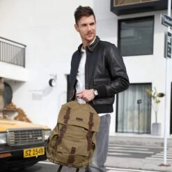 Kattee Men's Canvas Leather Hiking Travel Backpack Rucksack School Bag Army Green -Backpack Shop 61K6NFZqMqL