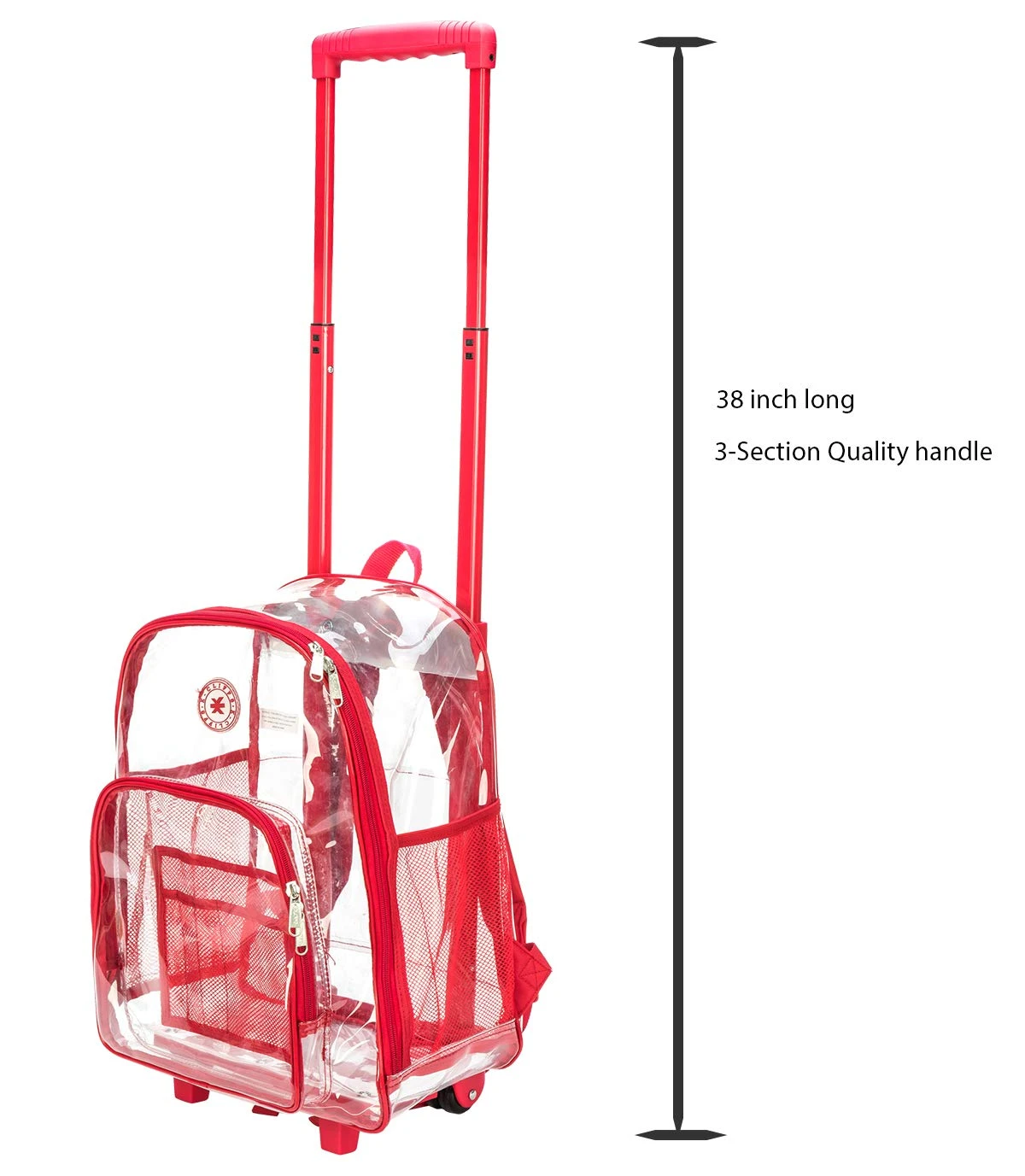 Rolling Clear Backpack Heavy Duty Bookbag Quality See Through Workbag Travel Daypack Transparent School Book Bags With Wheels Red 4 Rolling Clear Backpack Heavy Duty Bookbag Quality See Through Workbag Travel Daypack Transparent School Book Bags With Wheels Red - Image 4