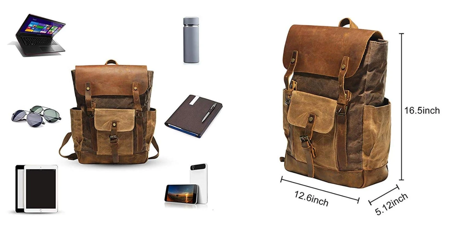 Vintage Canvas Waxed Leather Backpack W/Laptop Storage (Large) High School, College, Travel Bag | Canvas And Cotton Craftsmanship | All-Purpose Rucksack For Men, Women, Kids 2 Vintage Canvas Waxed Leather Backpack W/Laptop Storage (Large) High School, College, Travel Bag | Canvas And Cotton Craftsmanship | All-Purpose Rucksack For Men, Women, Kids - Image 2