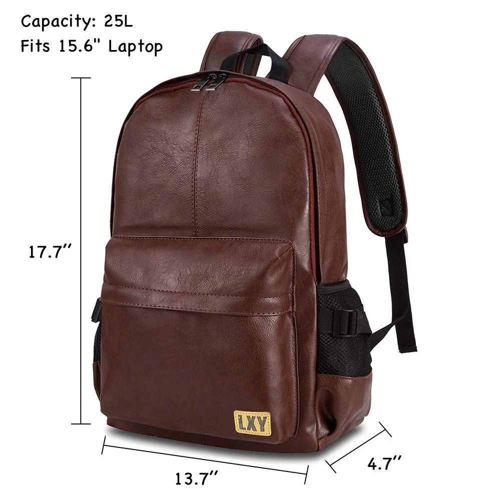 Vintage Backpack Leather Laptop Bookbag For Women Men, LXY Vegan Backpack Brown Faux Leather Bookbag School College Campus Backpack Travel Daypack 3 Vintage Backpack Leather Laptop Bookbag For Women Men, LXY Vegan Backpack Brown Faux Leather Bookbag School College Campus Backpack Travel Daypack - Image 3