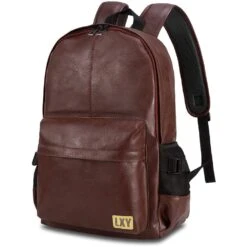 Vintage Backpack Leather Laptop Bookbag For Women Men, LXY Vegan Backpack Brown Faux Leather Bookbag School College Campus Backpack Travel Daypack