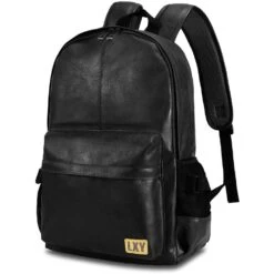 Vegan Backpack Leather Bookbag For Women Men, LXY Vintage Laptop Backpack Black Faux Leather Backpack Campus School College Bookbag Travel Daypack