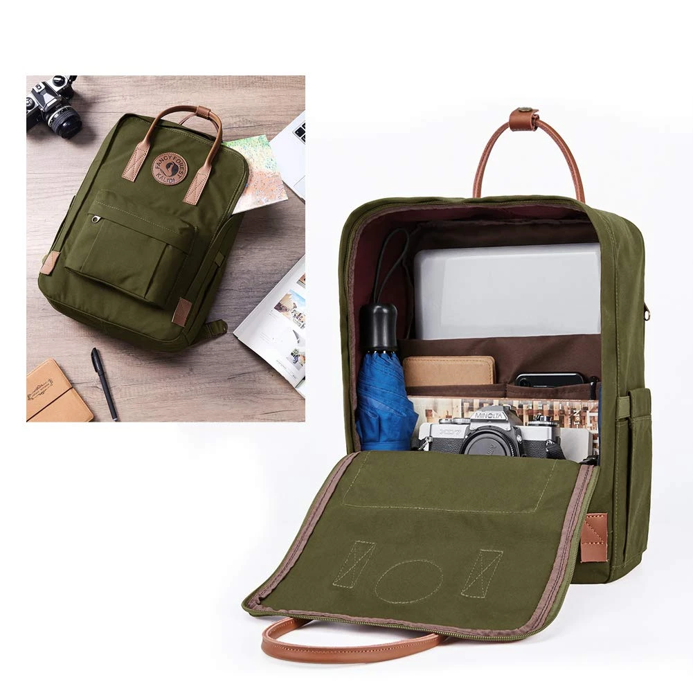 KALIDI Classic Backpack For Women,15 Inches Laptop Vintage Canvas Leather Backpack Camping Rucksack Travel Outdoor Daypack College School Bag (Army Green-Leather) 3 KALIDI Classic Backpack For Women,15 Inches Laptop Vintage Canvas Leather Backpack Camping Rucksack Travel Outdoor Daypack College School Bag (Army Green-Leather) - Image 3