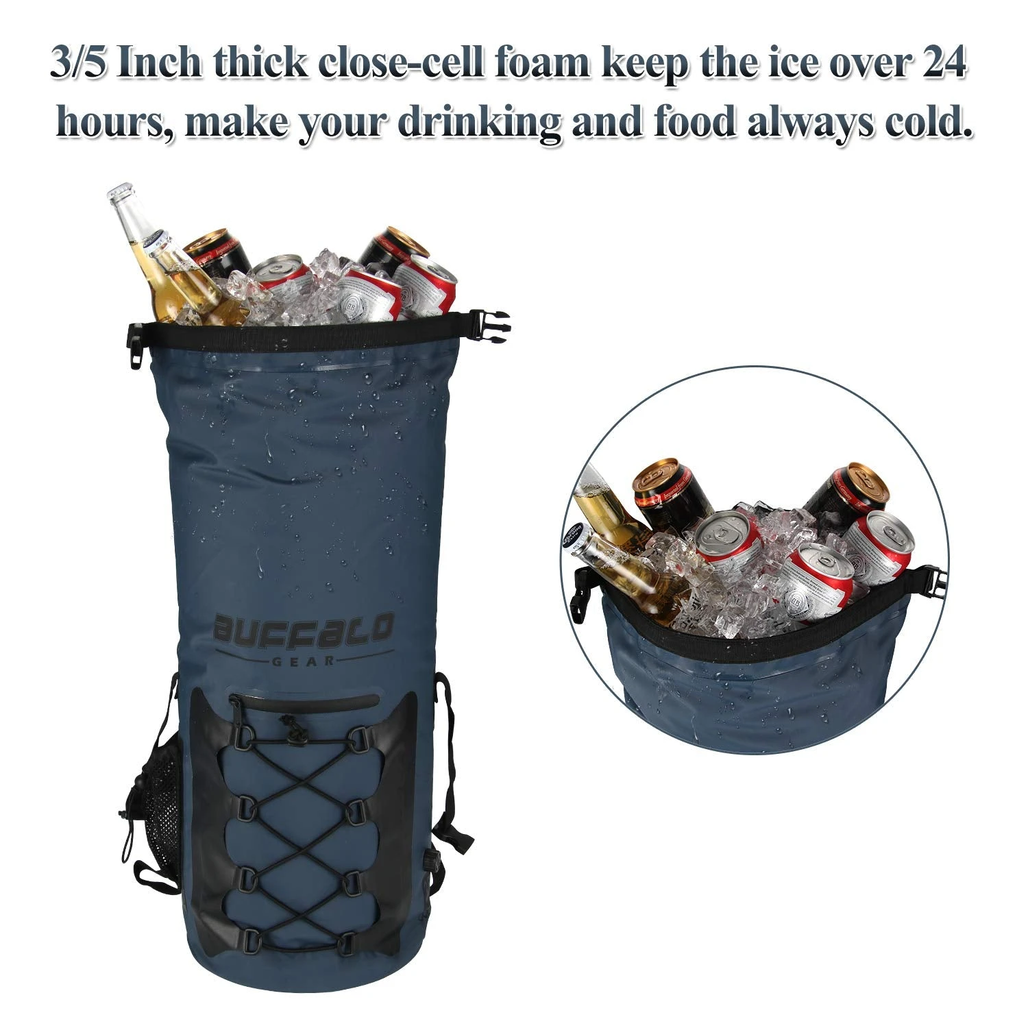 Buffalo Gear Portable Insulated Backpack Cooler Bag - Hands-free And Collapsible, Waterproof And Soft-Sided Cooler Backpack For Hiking, The Beach, Picnics,Camping, Fishing - Navy Blue,35 Liters,30 Can 6 Buffalo Gear Portable Insulated Backpack Cooler Bag - Hands-free And Collapsible, Waterproof And Soft-Sided Cooler Backpack For Hiking, The Beach, Picnics,Camping, Fishing - Navy Blue,35 Liters,30 Can - Image 6