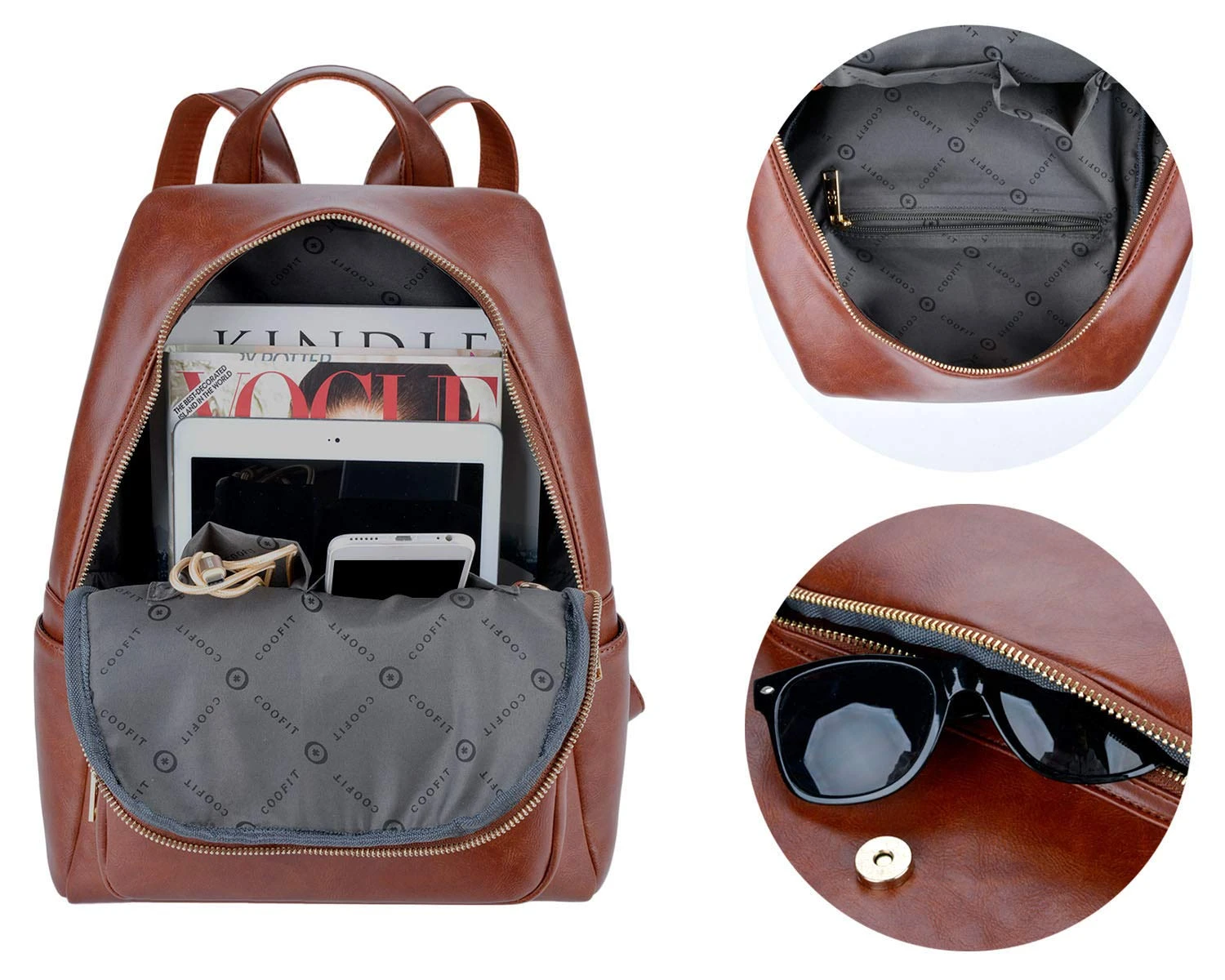 COOFIT PU Leather Backpack School Backpack Casual Daypack With Pouch For Women Brown 5 COOFIT PU Leather Backpack School Backpack Casual Daypack With Pouch For Women Brown - Image 5