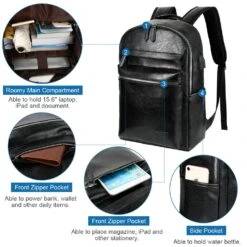 VBG VBIGER Leather Backpack For Mens Travel College Business Waterproof PU Leather Backpack For 15.6 Inch Laptop With USB Charging Port And Headphone Port (Black) -Backpack Shop 71FO5P01gTL