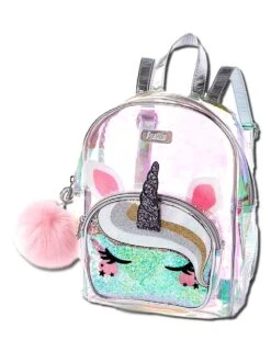 Justice Unicorn Mini Backpack - Girls Clear Holographic Travel Daypack - Small Waterproof And Glitter Bookbag Purse