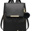COOFIT Black Faux Leather Backpack For Women Schoolbag Casual Daypack (Black With Keychain)
