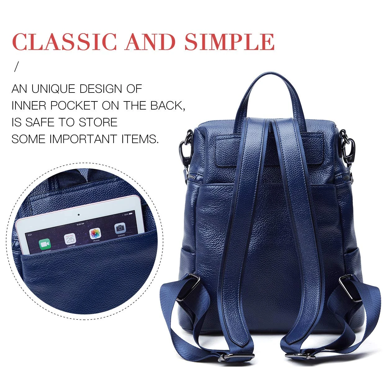 BOYATU Convertible Genuine Leather Backpack Purse For Women Fashion Travel Bag Blue-02 4 BOYATU Convertible Genuine Leather Backpack Purse For Women Fashion Travel Bag Blue-02 - Image 4