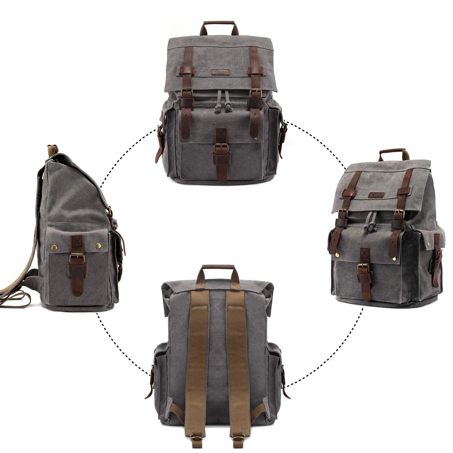 Kattee Men's Leather Canvas Backpack Large School Bag Travel Rucksack Gray 5 Kattee Men's Leather Canvas Backpack Large School Bag Travel Rucksack Gray - Image 5