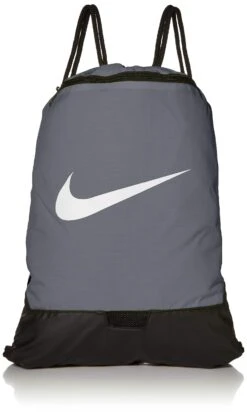 Nike Brasilia Training Gymsack, Drawstring Backpack With Zipper Pocket And Reinforced Bottom, Flint Grey/Flint Grey/White