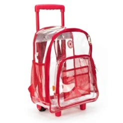 Rolling Clear Backpack Heavy Duty Bookbag Quality See Through Workbag Travel Daypack Transparent School Book Bags With Wheels Red