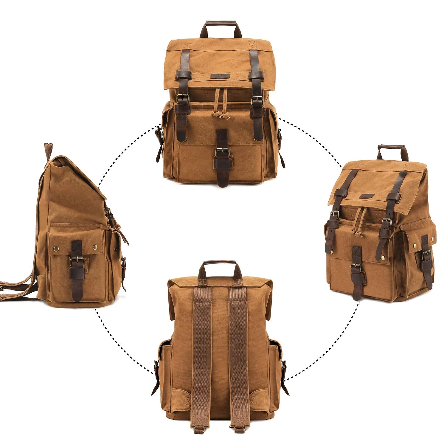 Kattee Men's Leather Canvas Backpack Large School Bag Travel Rucksack Khaki 5 Kattee Men's Leather Canvas Backpack Large School Bag Travel Rucksack Khaki - Image 5