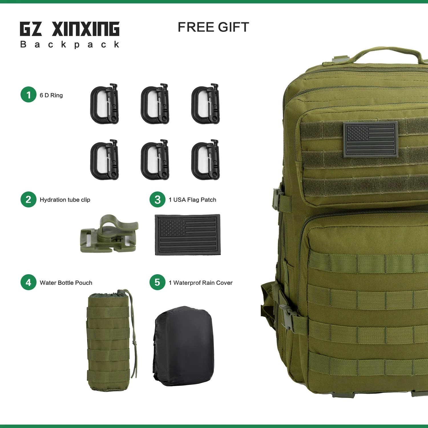 GZ XINXING 3 Day Assault Pack Military Tactical Army Molle Rucksack Backpack Bug Out Bag Hiking Daypack For Hunting Camping Hiking Traveling (GREEN) 7 GZ XINXING 3 Day Assault Pack Military Tactical Army Molle Rucksack Backpack Bug Out Bag Hiking Daypack For Hunting Camping Hiking Traveling (GREEN) - Image 7