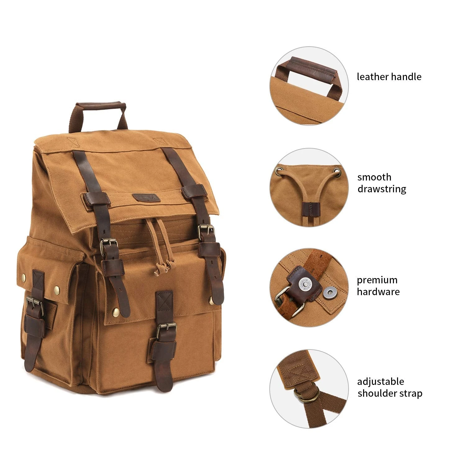 Kattee Men's Leather Canvas Backpack Large School Bag Travel Rucksack Khaki 2 Kattee Men's Leather Canvas Backpack Large School Bag Travel Rucksack Khaki - Image 2