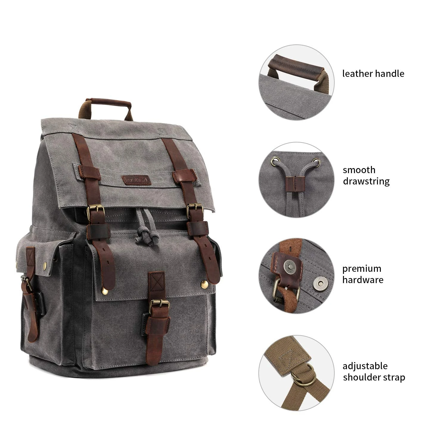 Kattee Men's Leather Canvas Backpack Large School Bag Travel Rucksack Gray 2 Kattee Men's Leather Canvas Backpack Large School Bag Travel Rucksack Gray - Image 2