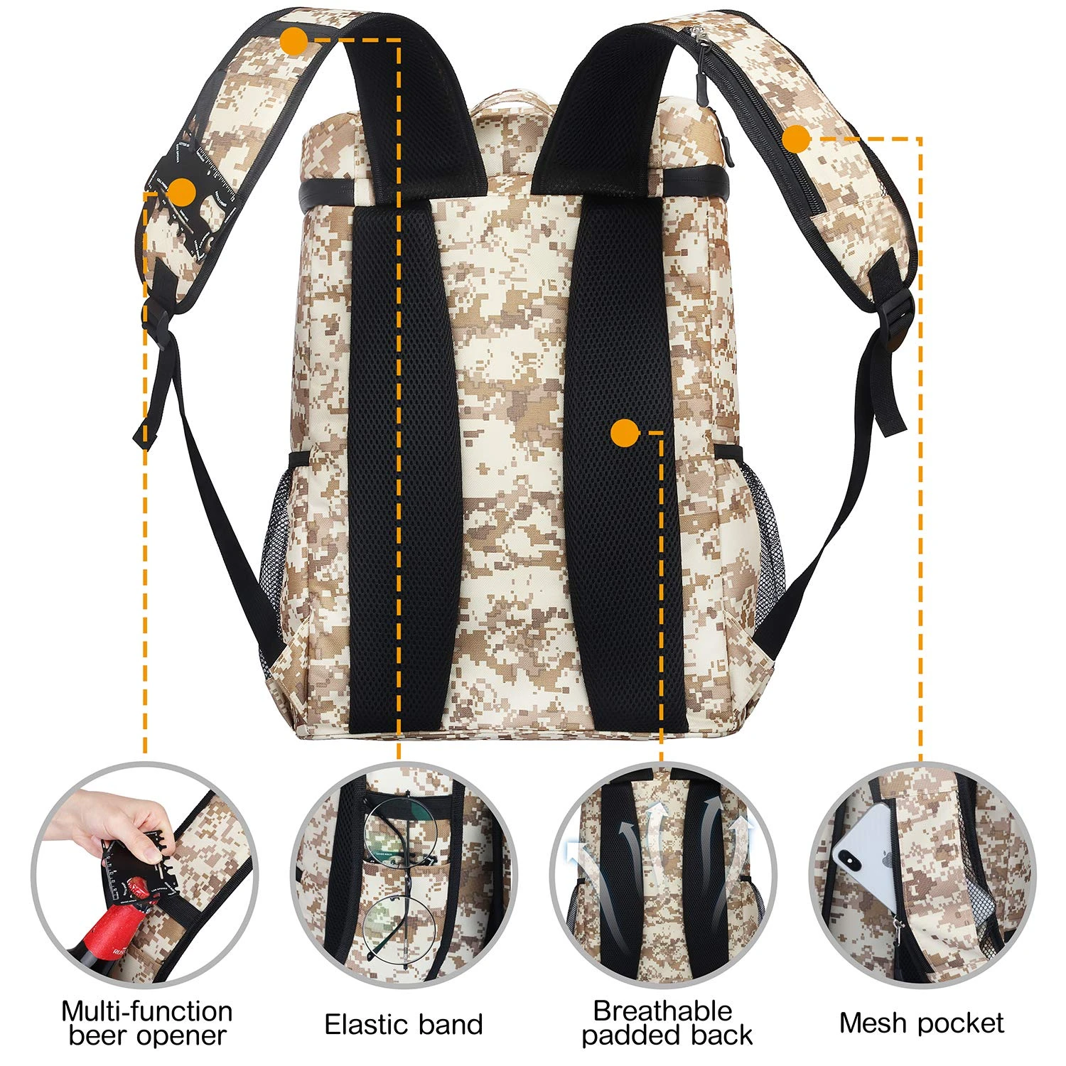 SEEHONOR Insulated Cooler Backpack Leakproof Soft Cooler Bag Lightweight Backpack With Cooler For Lunch Picnic Hiking Camping Beach Park Day Trips, 30 Cans (Camouflage) 4 SEEHONOR Insulated Cooler Backpack Leakproof Soft Cooler Bag Lightweight Backpack With Cooler For Lunch Picnic Hiking Camping Beach Park Day Trips, 30 Cans (Camouflage) - Image 4