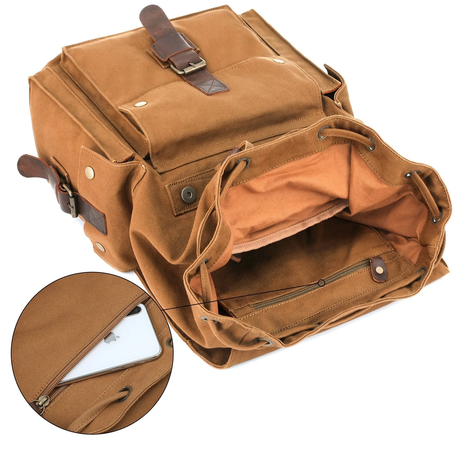 Kattee Men's Leather Canvas Backpack Large School Bag Travel Rucksack Khaki 4 Kattee Men's Leather Canvas Backpack Large School Bag Travel Rucksack Khaki - Image 4