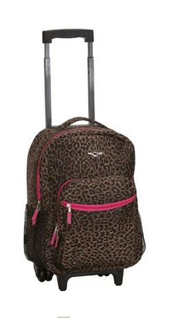 Rockland Luggage 17 Inch Rolling Backpack, PINKLEOPARD