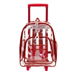 Rolling Clear Backpack Heavy Duty Bookbag See-thru Workbag Travel Daypack Transparent School Luggage With Wheels Red