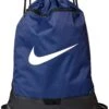 Nike Brasilia Training Gymsack, Drawstring Backpack With Zipper Pocket And Reinforced Bottom, Midnight Navy/Black/White