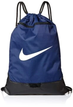 Nike Brasilia Training Gymsack, Drawstring Backpack With Zipper Pocket And Reinforced Bottom, Midnight Navy/Black/White