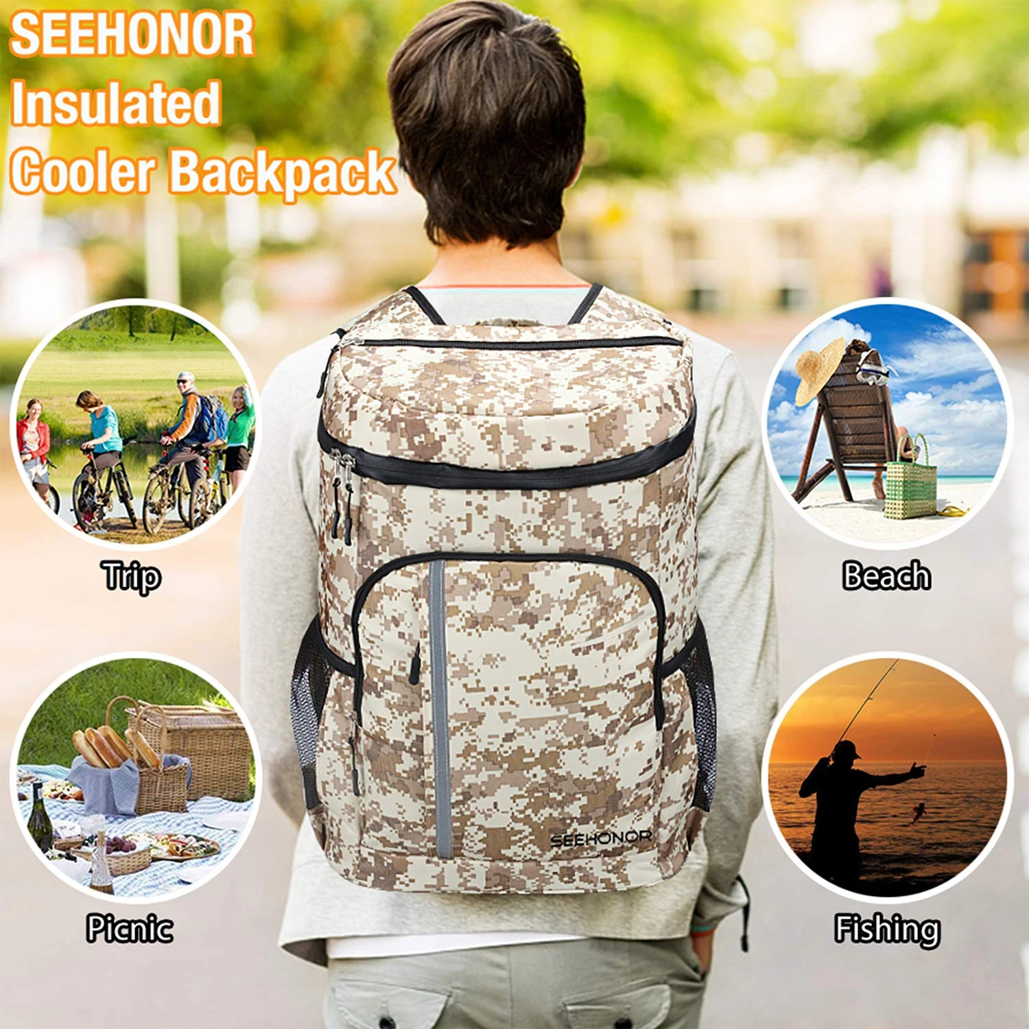 SEEHONOR Insulated Cooler Backpack Leakproof Soft Cooler Bag Lightweight Backpack With Cooler For Lunch Picnic Hiking Camping Beach Park Day Trips, 30 Cans (Camouflage) 2 SEEHONOR Insulated Cooler Backpack Leakproof Soft Cooler Bag Lightweight Backpack With Cooler For Lunch Picnic Hiking Camping Beach Park Day Trips, 30 Cans (Camouflage) - Image 2