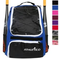 Athletico Baseball Bat Bag - Backpack For Baseball, T-Ball & Softball Equipment & Gear For Youth And Adults | Holds Bat, Helmet, Glove, Shoes | Separate Shoe Compartment & Fence Hook (Blue)