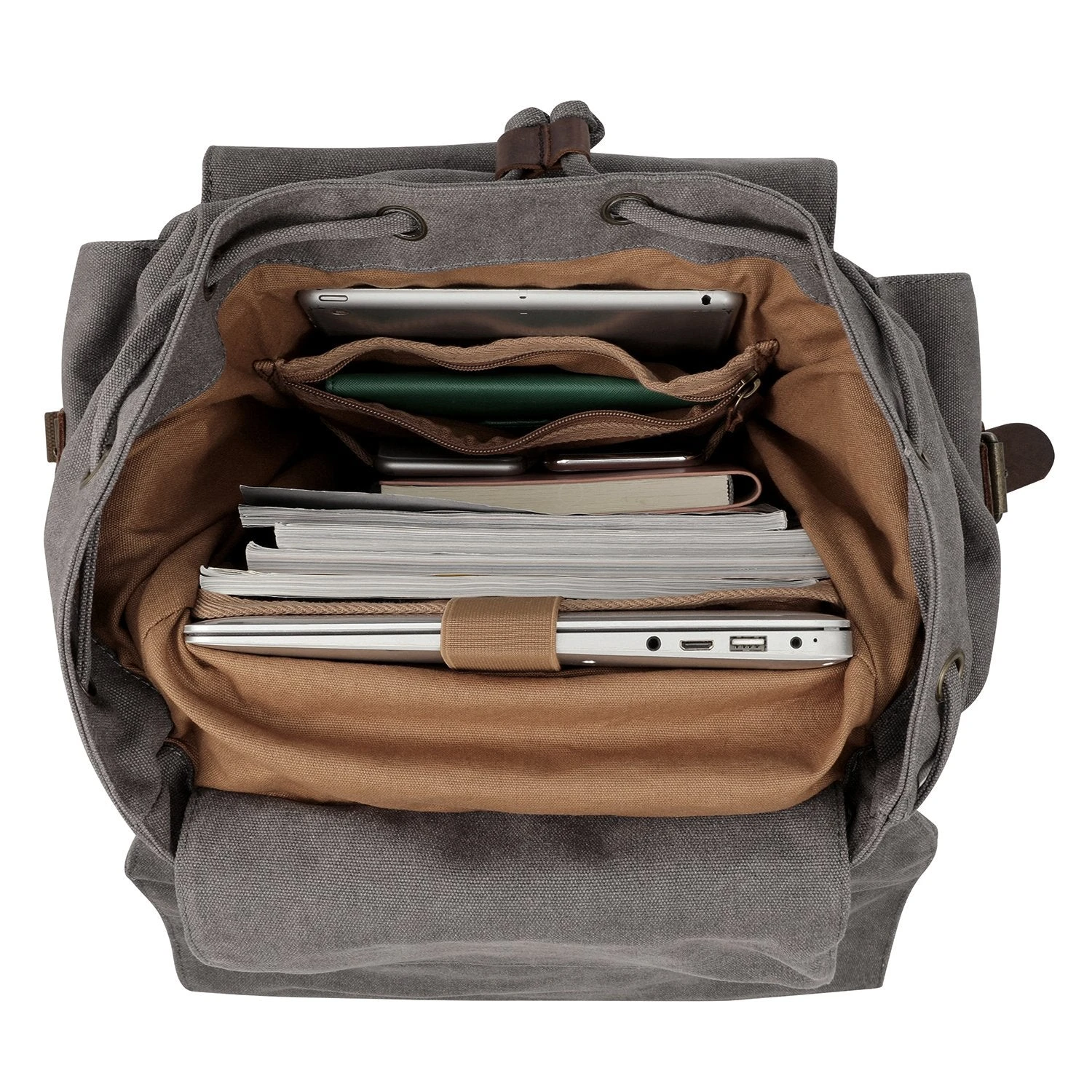 Kattee Men's Leather Canvas Backpack Large School Bag Travel Rucksack Gray 3 Kattee Men's Leather Canvas Backpack Large School Bag Travel Rucksack Gray - Image 3