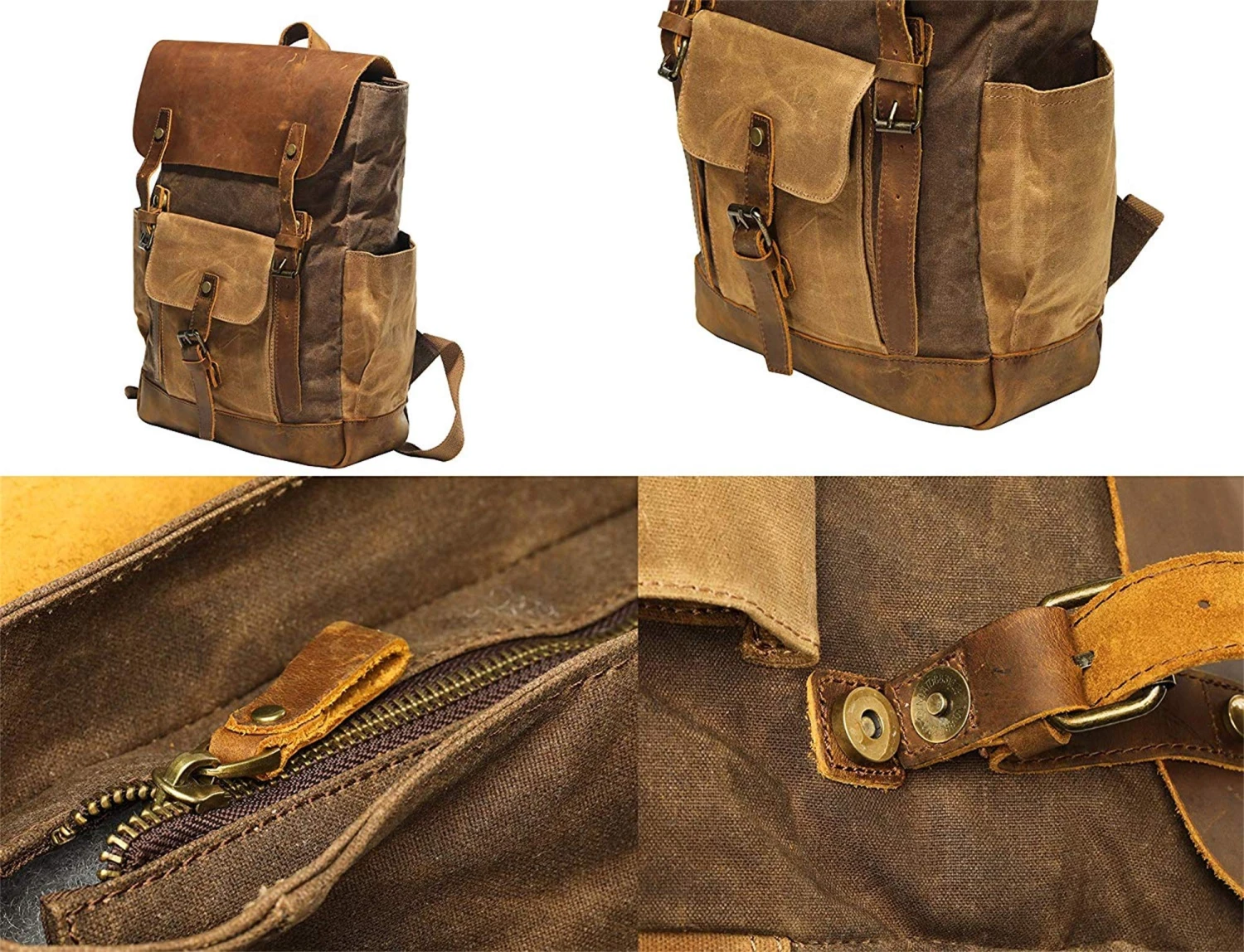 Vintage Canvas Waxed Leather Backpack W/Laptop Storage (Large) High School, College, Travel Bag | Canvas And Cotton Craftsmanship | All-Purpose Rucksack For Men, Women, Kids 3 Vintage Canvas Waxed Leather Backpack W/Laptop Storage (Large) High School, College, Travel Bag | Canvas And Cotton Craftsmanship | All-Purpose Rucksack For Men, Women, Kids - Image 3
