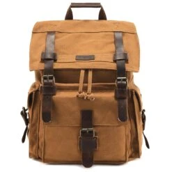 Kattee Men's Leather Canvas Backpack Large School Bag Travel Rucksack Khaki