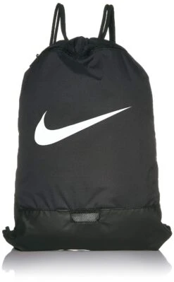 Nike Brasilia Training Gymsack, Drawstring Backpack With Zipper Pocket And Reinforced Bottom, Black/Black/White