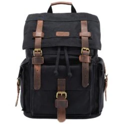 Kattee Men's Canvas Leather Hiking Travel Backpack, Black