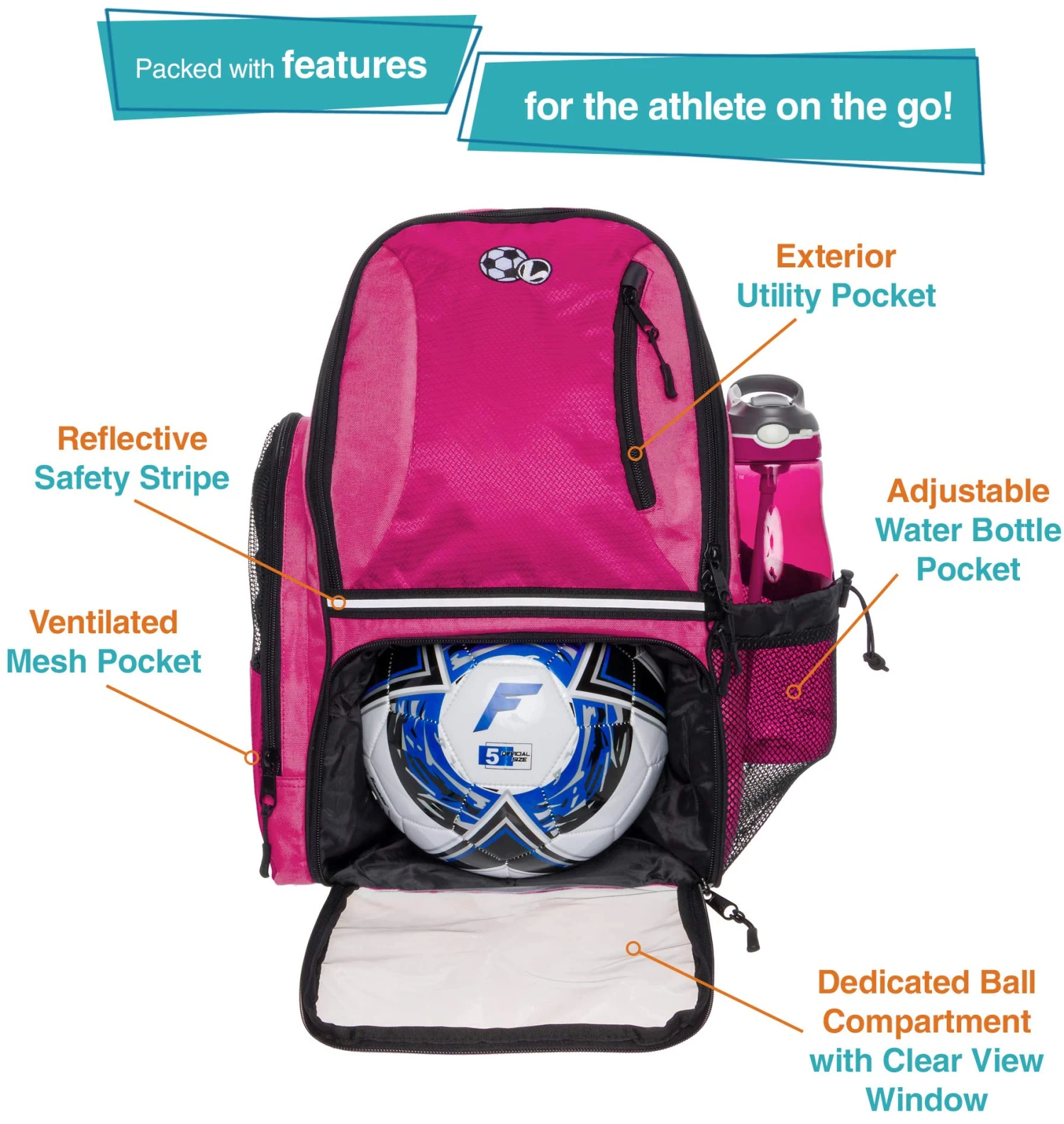 LISH Soccer Backpack - Large School Sports Gym Bag W/ Ball Compartment (Pink) 7 LISH Soccer Backpack - Large School Sports Gym Bag W/ Ball Compartment (Pink) - Image 7