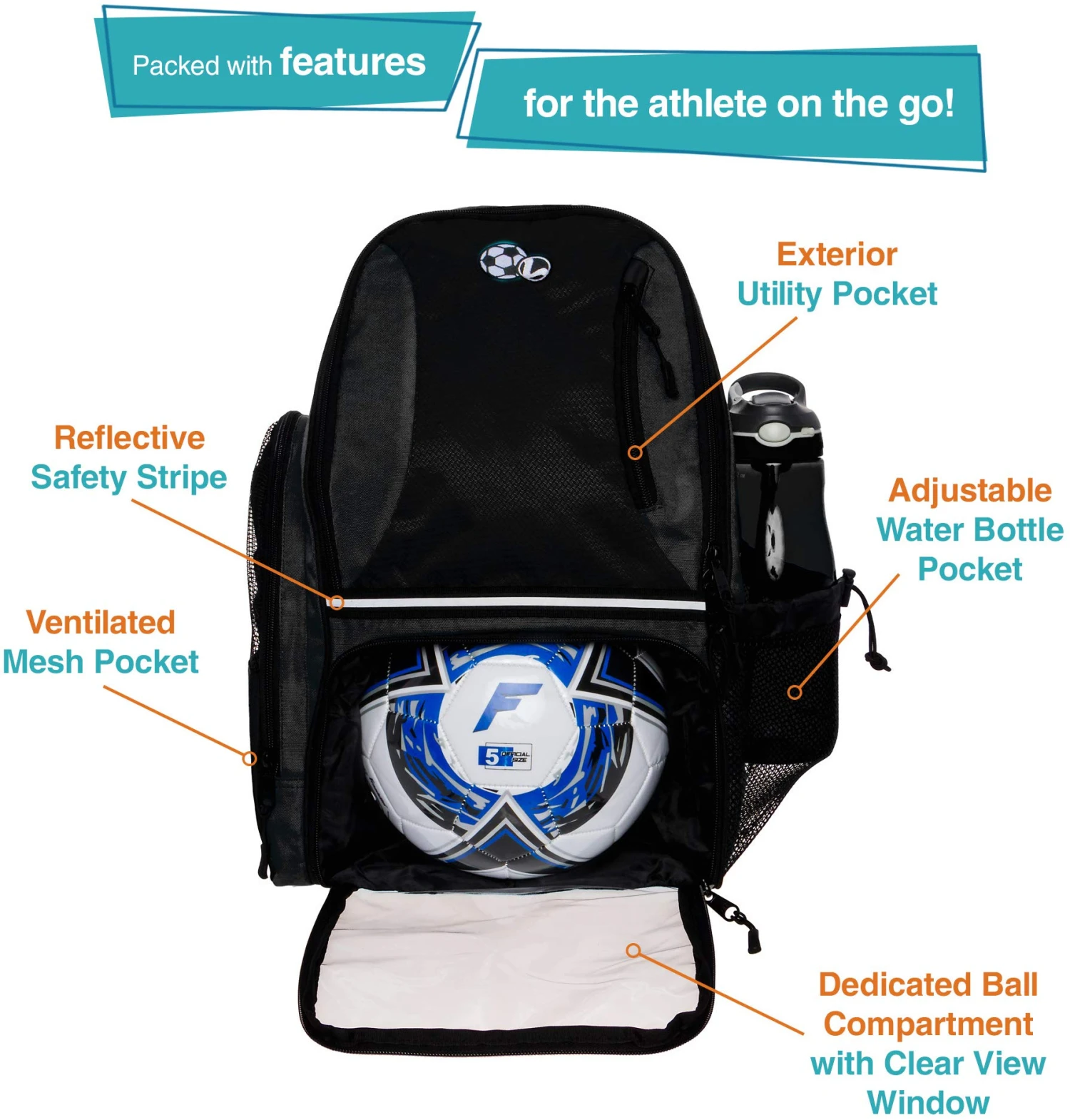 LISH Soccer Backpack - Large School Sports Gym Bag W/ Ball Compartment (Black) 7 LISH Soccer Backpack - Large School Sports Gym Bag W/ Ball Compartment (Black) - Image 7
