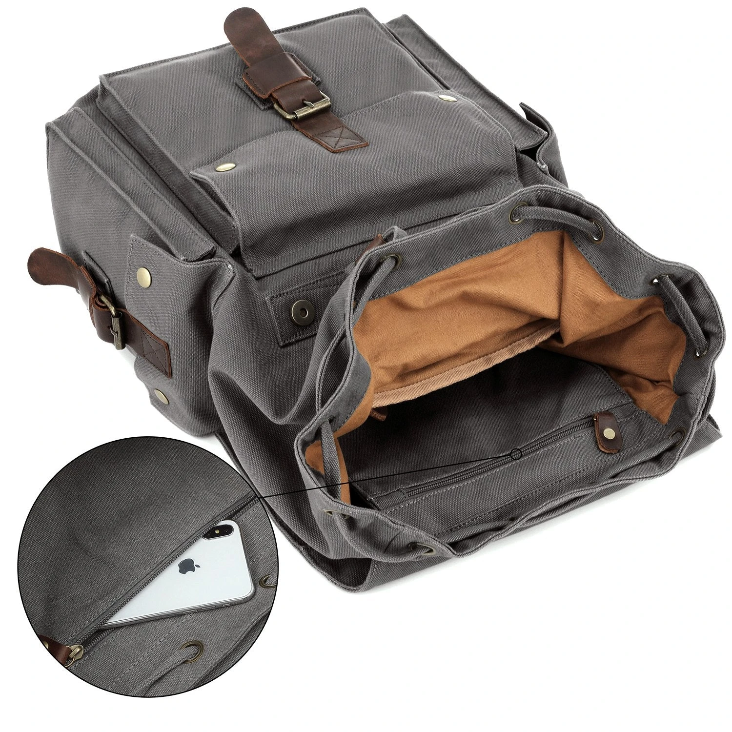 Kattee Men's Leather Canvas Backpack Large School Bag Travel Rucksack Gray 4 Kattee Men's Leather Canvas Backpack Large School Bag Travel Rucksack Gray - Image 4