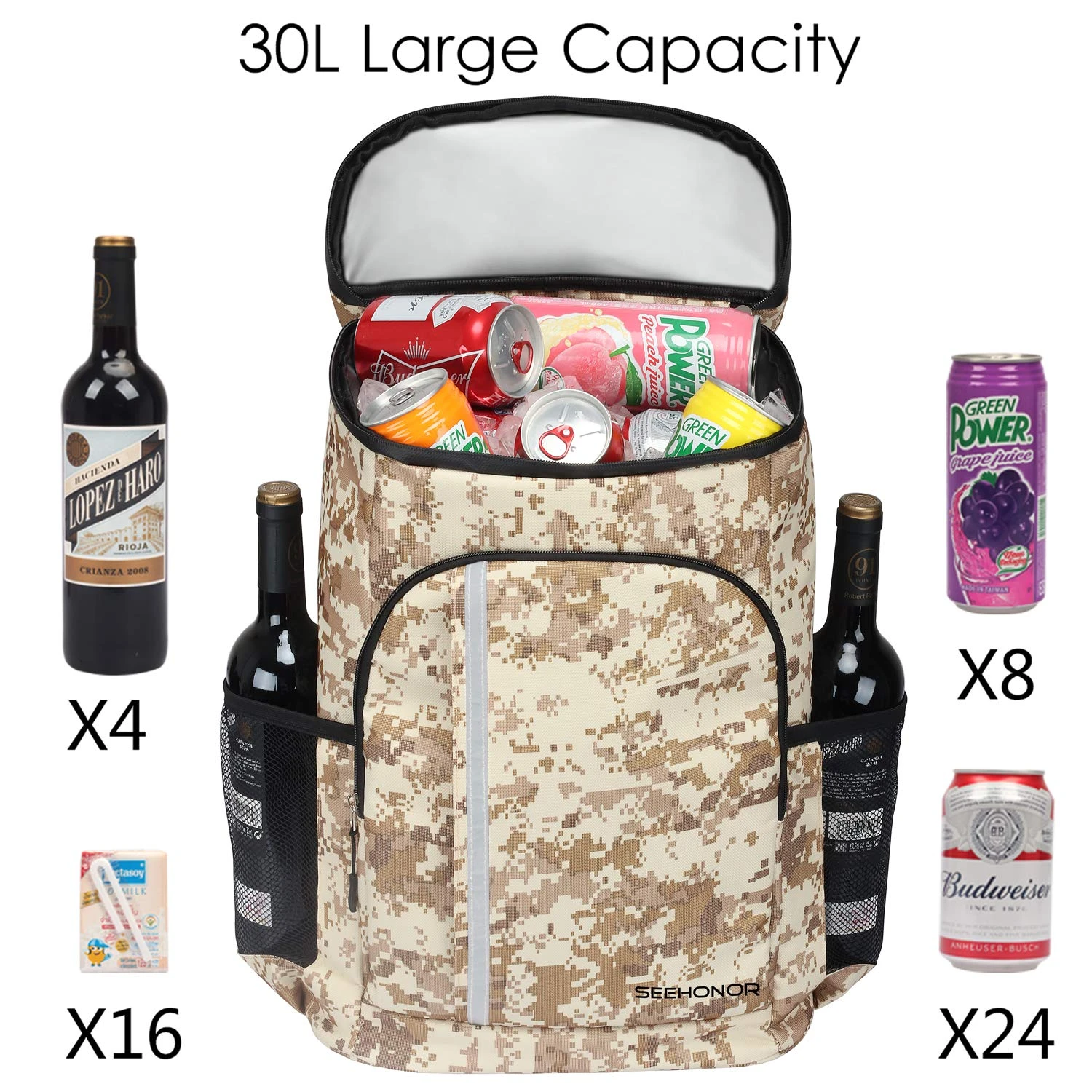 SEEHONOR Insulated Cooler Backpack Leakproof Soft Cooler Bag Lightweight Backpack With Cooler For Lunch Picnic Hiking Camping Beach Park Day Trips, 30 Cans (Camouflage) 7 SEEHONOR Insulated Cooler Backpack Leakproof Soft Cooler Bag Lightweight Backpack With Cooler For Lunch Picnic Hiking Camping Beach Park Day Trips, 30 Cans (Camouflage) - Image 7