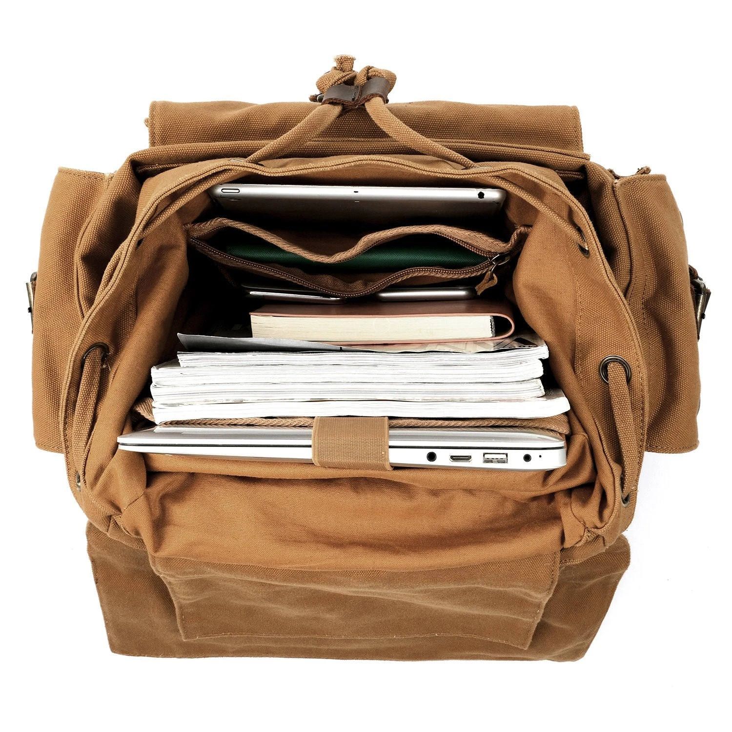 Kattee Men's Leather Canvas Backpack Large School Bag Travel Rucksack Khaki 3 Kattee Men's Leather Canvas Backpack Large School Bag Travel Rucksack Khaki - Image 3