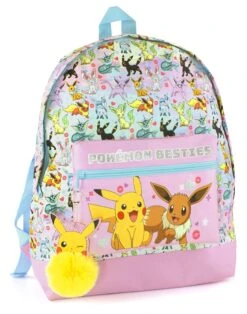 Pokemon Girls Pink Glitter School Backpack | Eevee Besties Design With Pikachu Pom Pom Keyring | Organized Storage