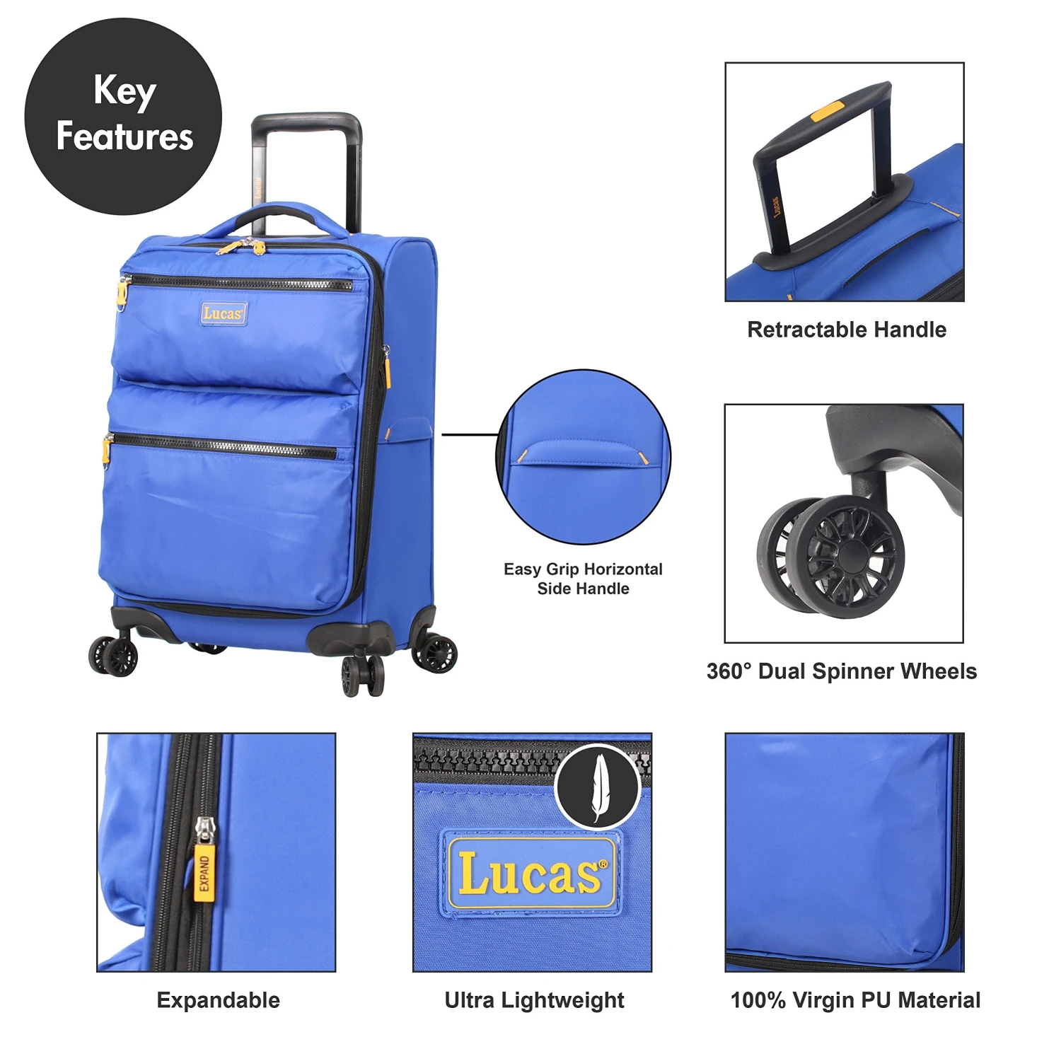 LUCAS Ultra Lightweight Carry On - Expandable Softside 20 Inch Luggage - Small Rolling Bag Fits Most Airline Compartments - Durable 8-Spinner Wheels Suitcase (Royal Blue) 7 LUCAS Ultra Lightweight Carry On - Expandable Softside 20 Inch Luggage - Small Rolling Bag Fits Most Airline Compartments - Durable 8-Spinner Wheels Suitcase (Royal Blue) - Image 7