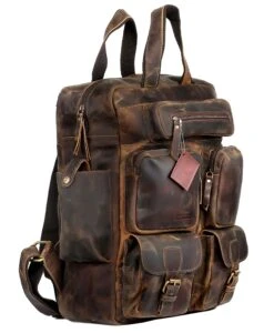 Ruzioon Vintage Buffalo Leather Backpack Multi Pockets Travel Bag For Men/Women
