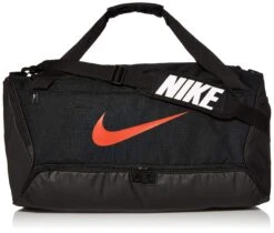 Nike Brasilia Training Medium Duffle Bag, Durable Nike Duffle Bag For Women & Men With Adjustable Strap, Black/Black/Habanero Red