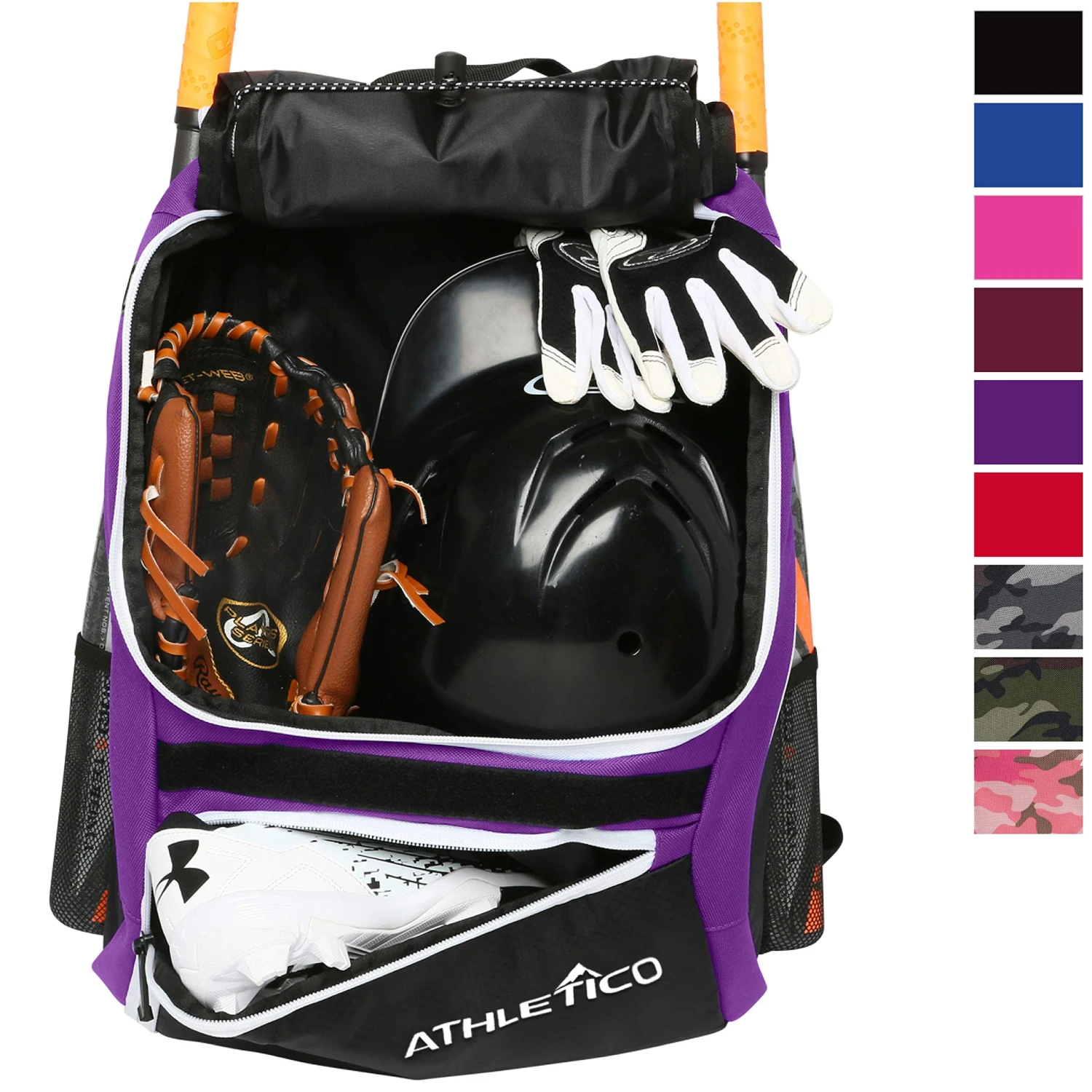 Athletico Baseball Bat Bag - Backpack For Baseball, T-Ball & Softball Equipment & Gear For Youth And Adults | Holds Bat, Helmet, Glove, Shoes |Shoe Compartment & Fence Hook (Purple) 1 Athletico Baseball Bat Bag - Backpack For Baseball, T-Ball & Softball Equipment & Gear For Youth And Adults | Holds Bat, Helmet, Glove, Shoes |Shoe Compartment & Fence Hook (Purple)