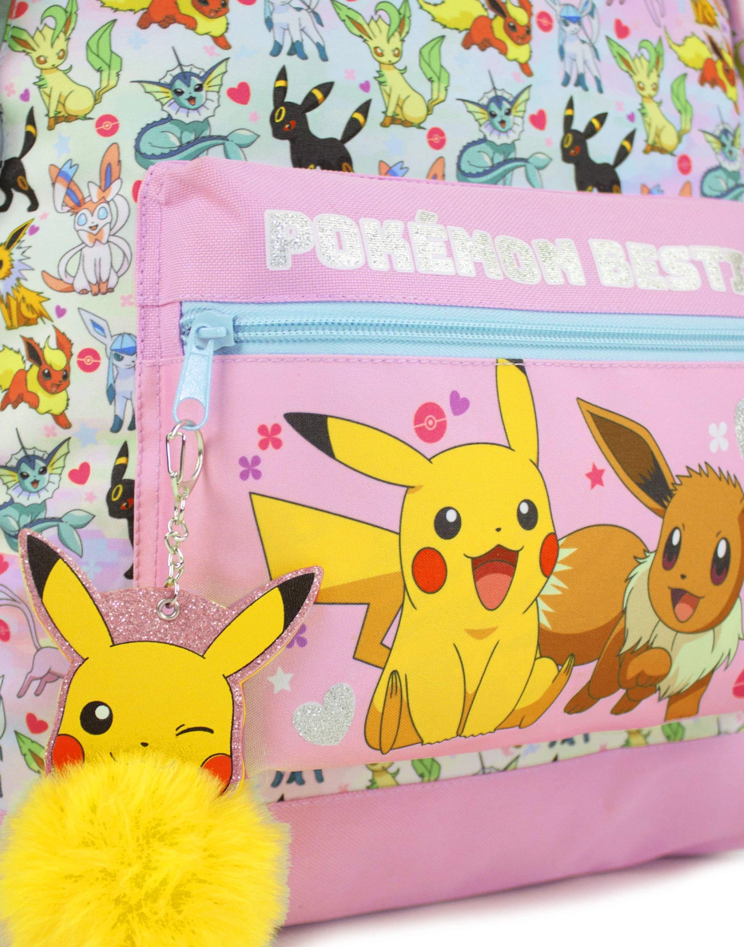 Pokemon Girls Pink Glitter School Backpack | Eevee Besties Design With Pikachu Pom Pom Keyring | Organized Storage 2 Pokemon Girls Pink Glitter School Backpack | Eevee Besties Design With Pikachu Pom Pom Keyring | Organized Storage - Image 2