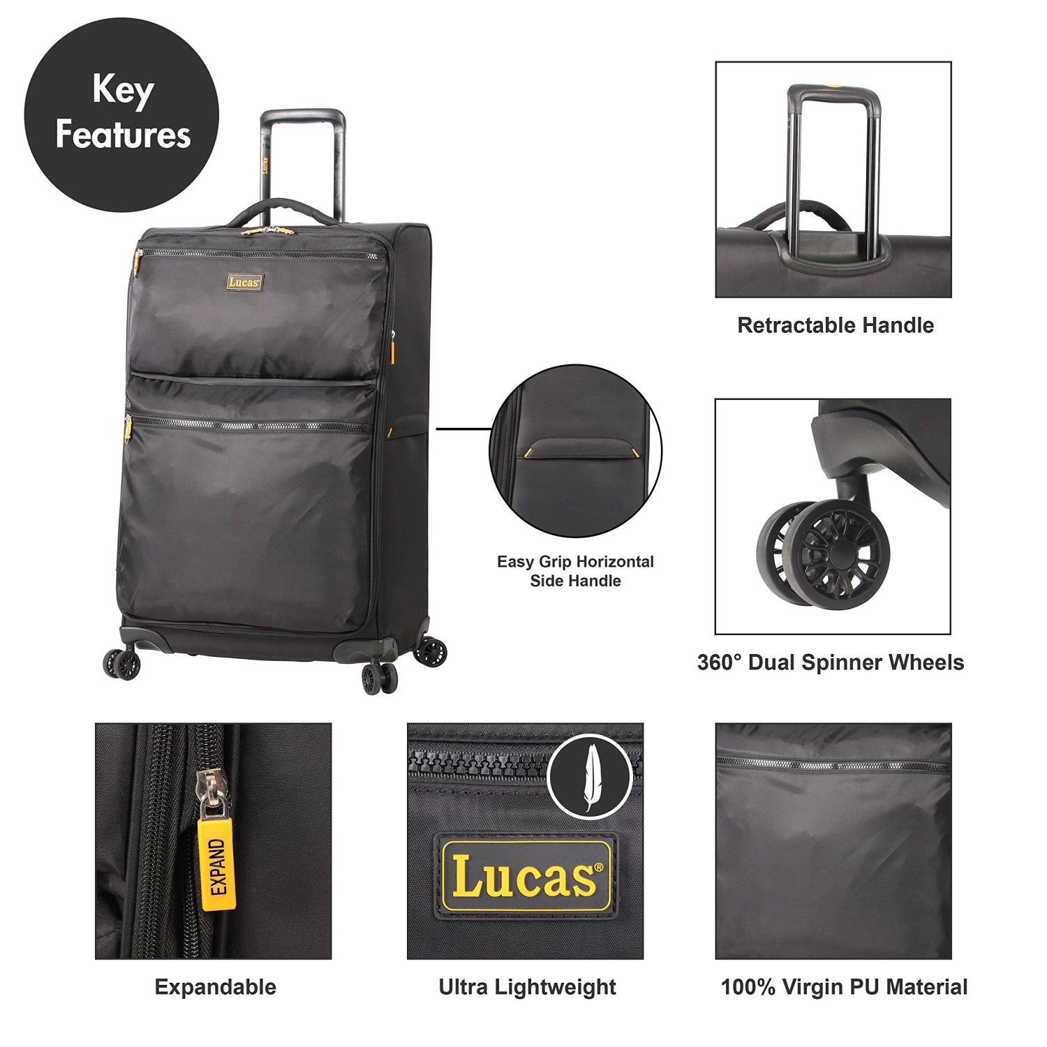 LUCAS Designer Luggage Collection - Expandable 28 Inch Softside Bag - Durable Large Ultra Lightweight Checked Suitcase With 8-Rolling Spinner Wheels (Black) 7 LUCAS Designer Luggage Collection - Expandable 28 Inch Softside Bag - Durable Large Ultra Lightweight Checked Suitcase With 8-Rolling Spinner Wheels (Black) - Image 7